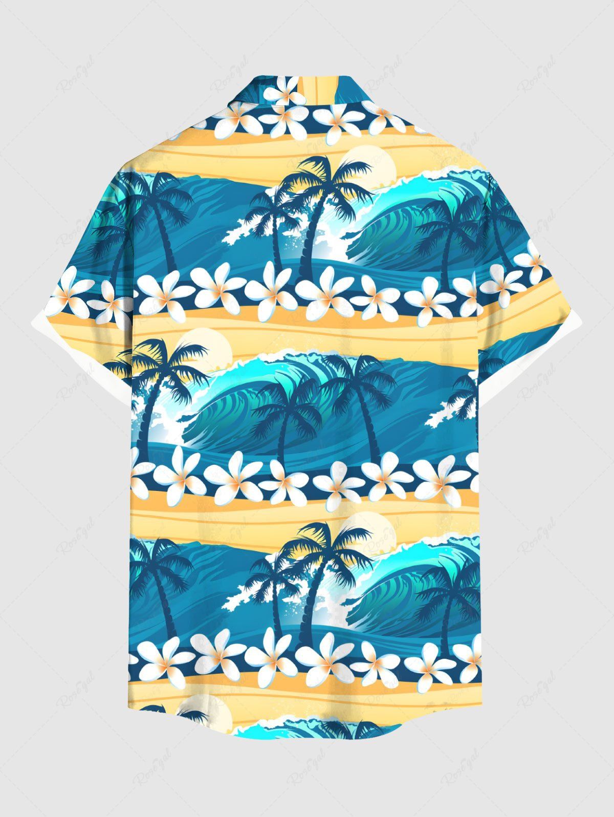 Plus Size Coconut Tree Flower Sun Sea Waves Printed Buttons Pocket Hawaii Shirt For Men