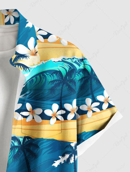 Plus Size Coconut Tree Flower Sun Sea Waves Printed Buttons Pocket Hawaii Shirt For Men