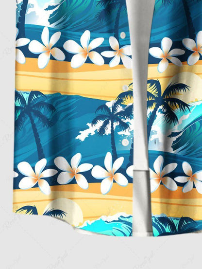 Plus Size Coconut Tree Flower Sun Sea Waves Printed Buttons Pocket Hawaii Shirt For Men