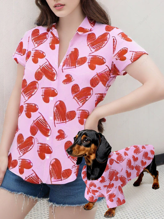 Valentine's Day Heart Print Shirt Dog And Owner Matching Outfits