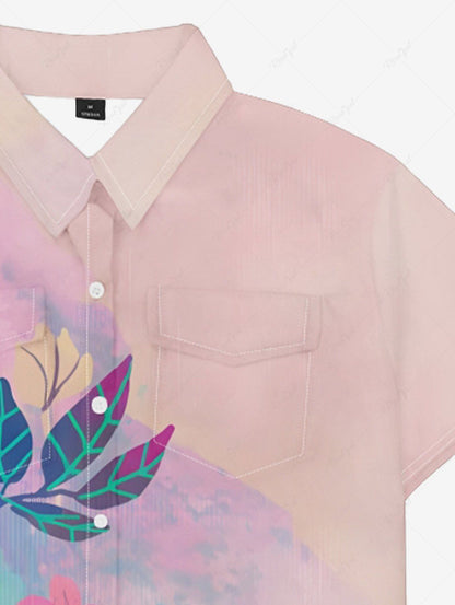 Turn-down Collar Ombre Tropical Leaves Floral Printed Hawaii Button Pocket Women Shirt