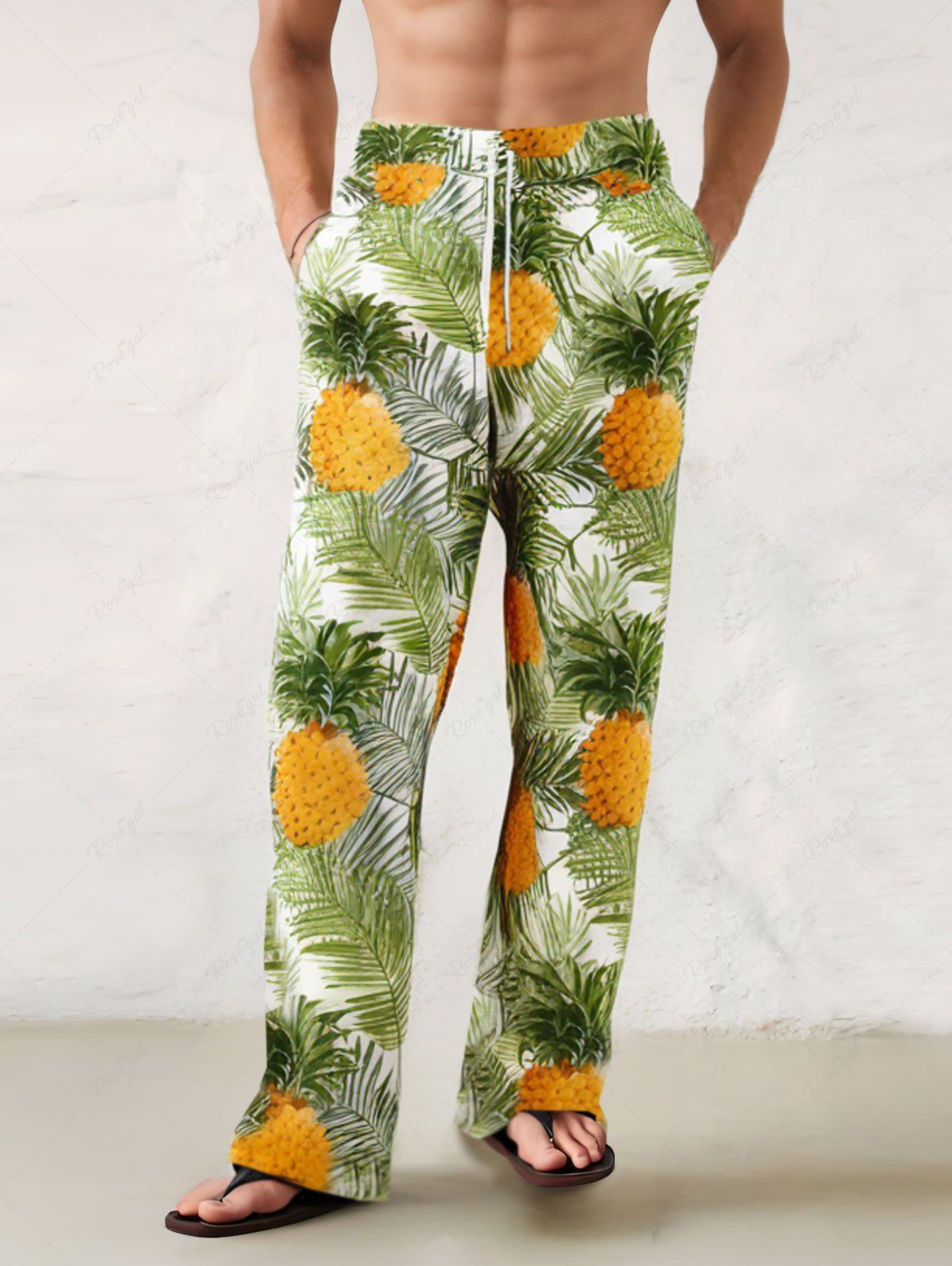 Plus Size Tropical Leaf Pineapple Printed Drawstring Wide Leg Pants For Men