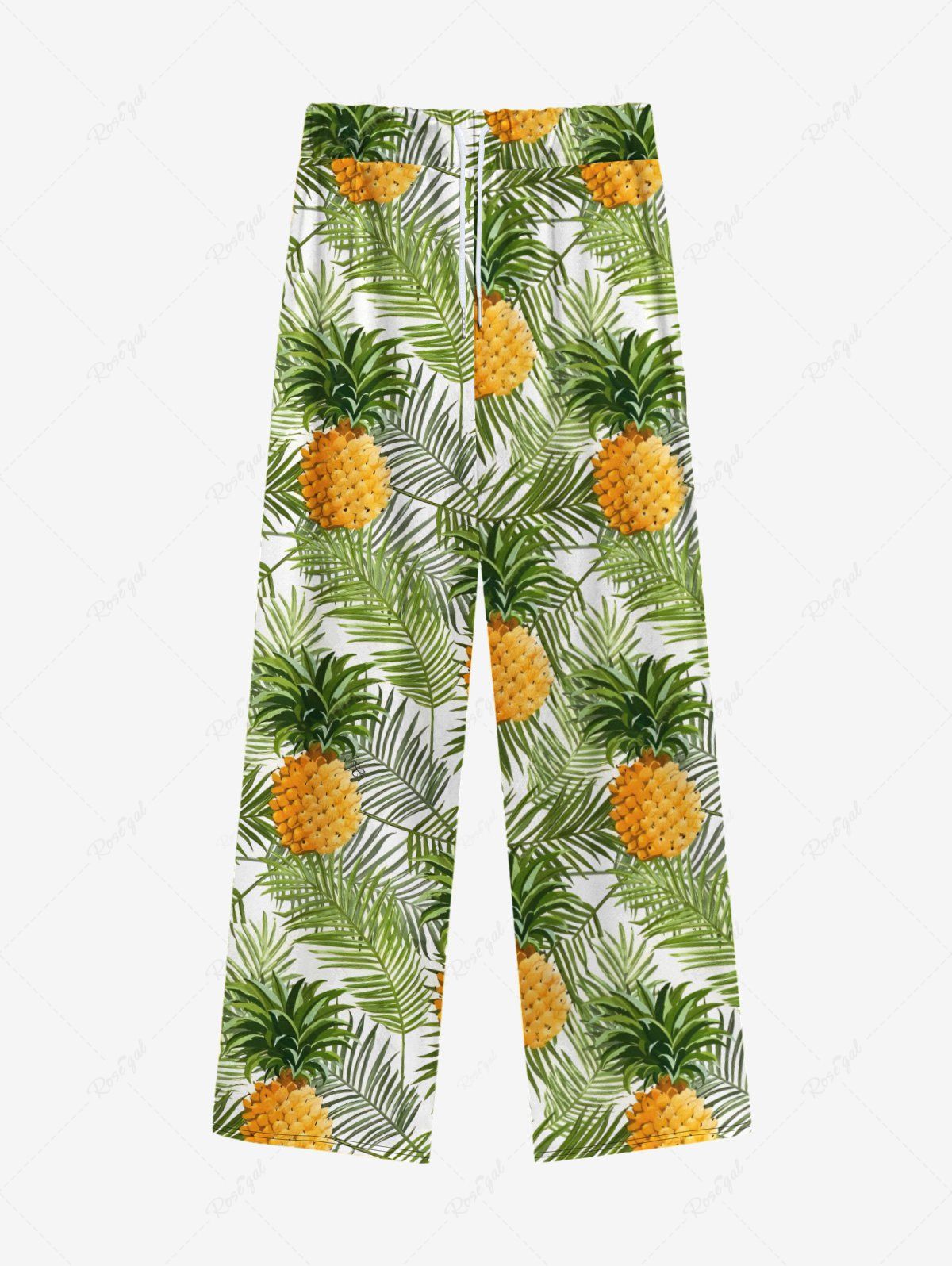 Plus Size Tropical Leaf Pineapple Printed Drawstring Wide Leg Pants For Men