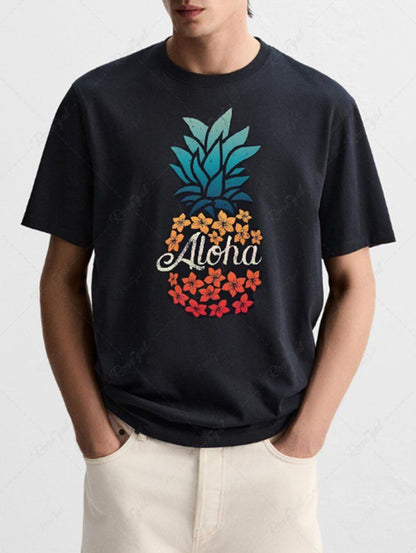 Plus Size Pineapple Flowers Leaf Letters Printed Hawaii T-shirt For Men