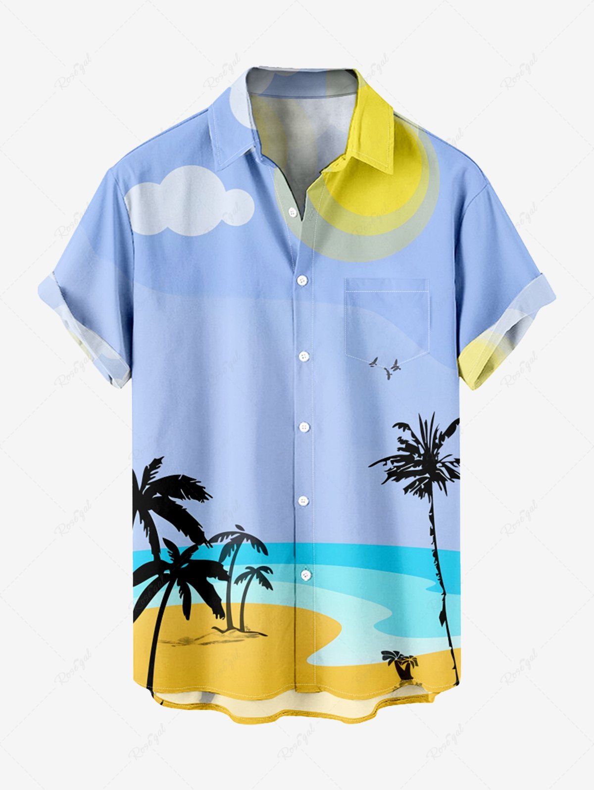 Plus Size Coconut Tree Sea Beach Sun Cloud Printed Hawaii Button Pocket Shirt For Men