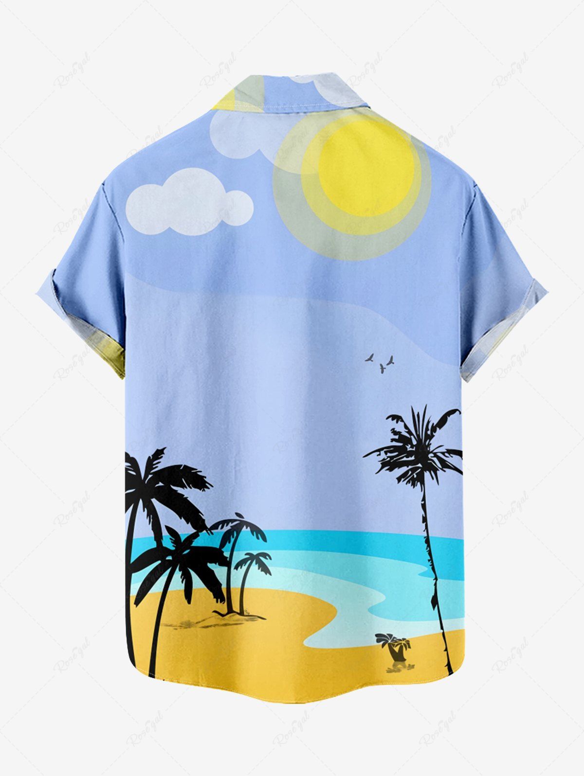 Plus Size Coconut Tree Sea Beach Sun Cloud Printed Hawaii Button Pocket Shirt For Men