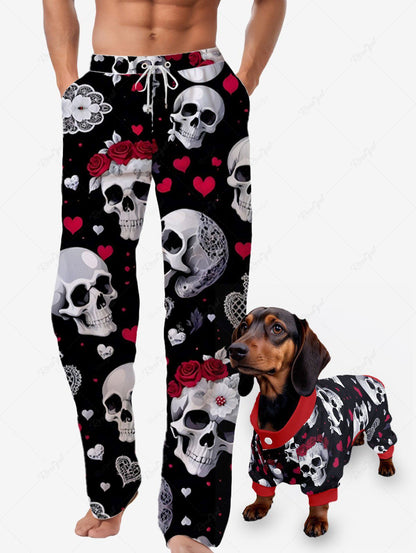 Skull Rose Flower Heart Print Pajama and Wide Leg Pants For Men Dog and Owner Matching Outfits