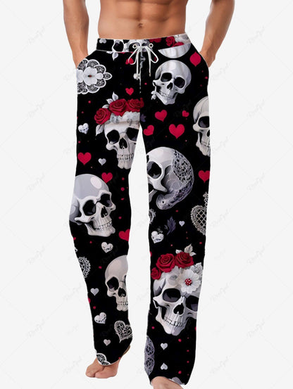 Skull Rose Flower Heart Print Pajama and Wide Leg Pants For Men Dog and Owner Matching Outfits