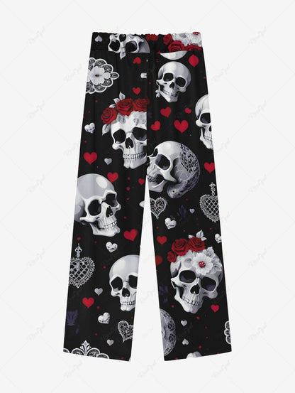 Skull Rose Flower Heart Print Pajama and Wide Leg Pants For Men Dog and Owner Matching Outfits