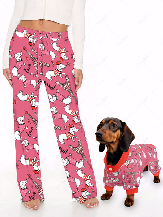 Eiffel Tower Dog Heart Print Pajama Pants Dog And Owner Matching Outfits