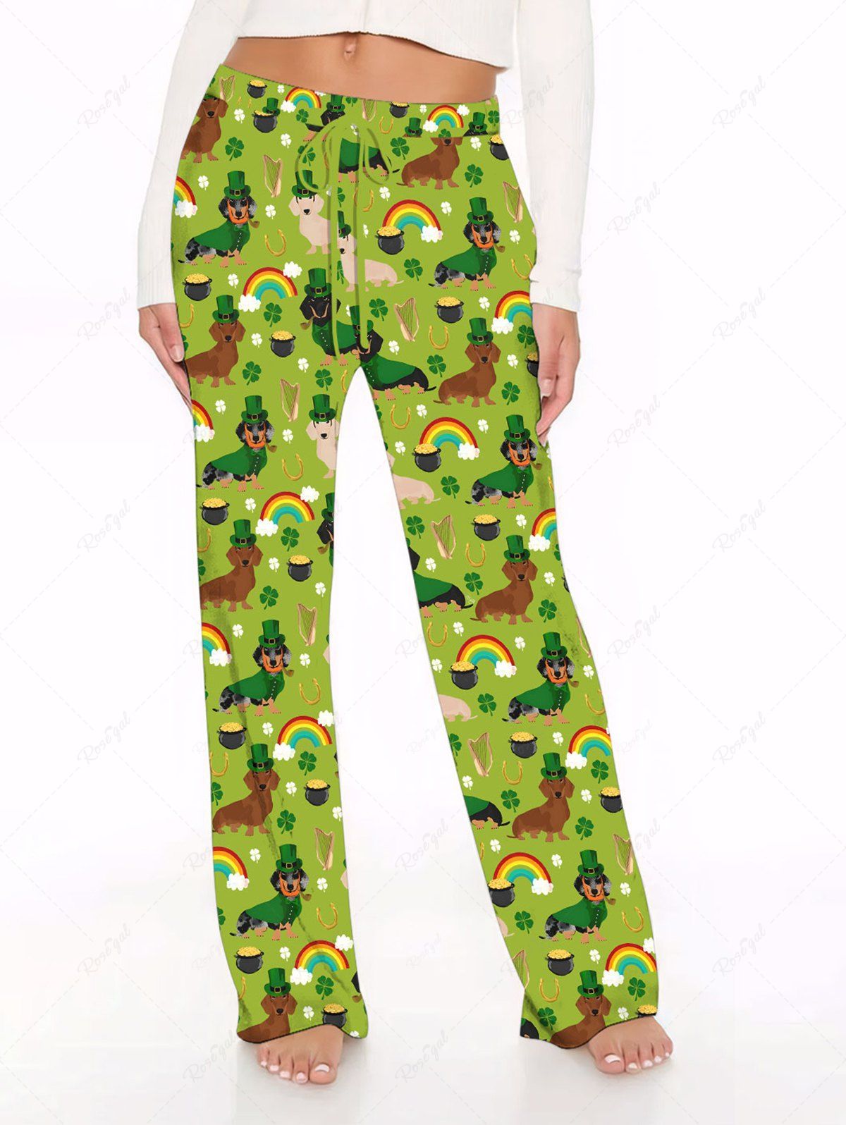 St. Patrick's Day Dog Rainbow Clover Leaf Print Pajama and Wide Leg Pants Dog and Owner Matching Outfits