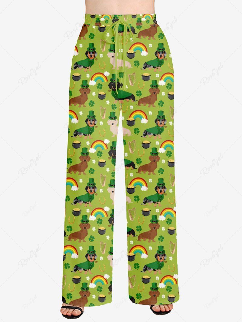 St. Patrick's Day Dog Rainbow Clover Leaf Print Pajama and Wide Leg Pants Dog and Owner Matching Outfits