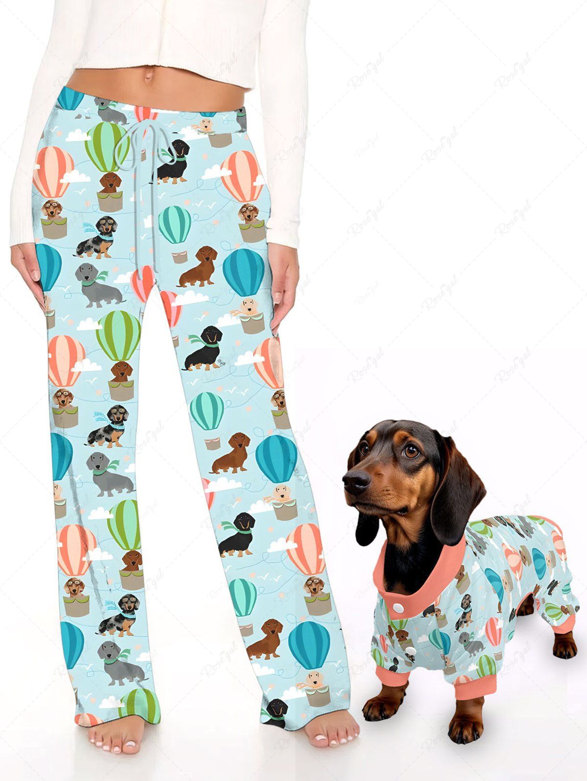 Dog Cloud Hot Air Balloon Printed Pajama and Wide Leg Pants Dog and Owner Matching Outfits