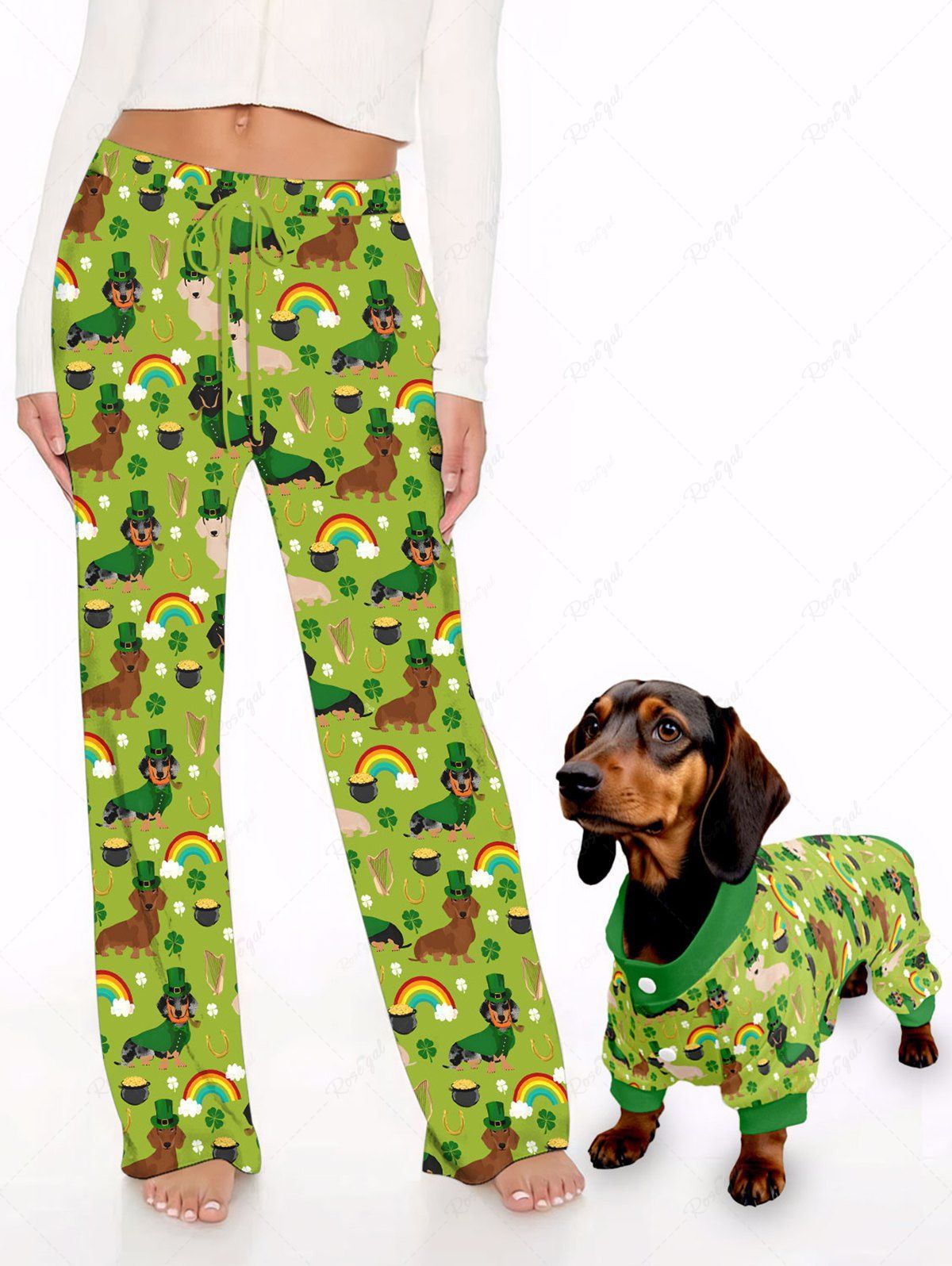 St. Patrick's Day Dog Rainbow Clover Leaf Print Pajama and Wide Leg Pants Dog and Owner Matching Outfits