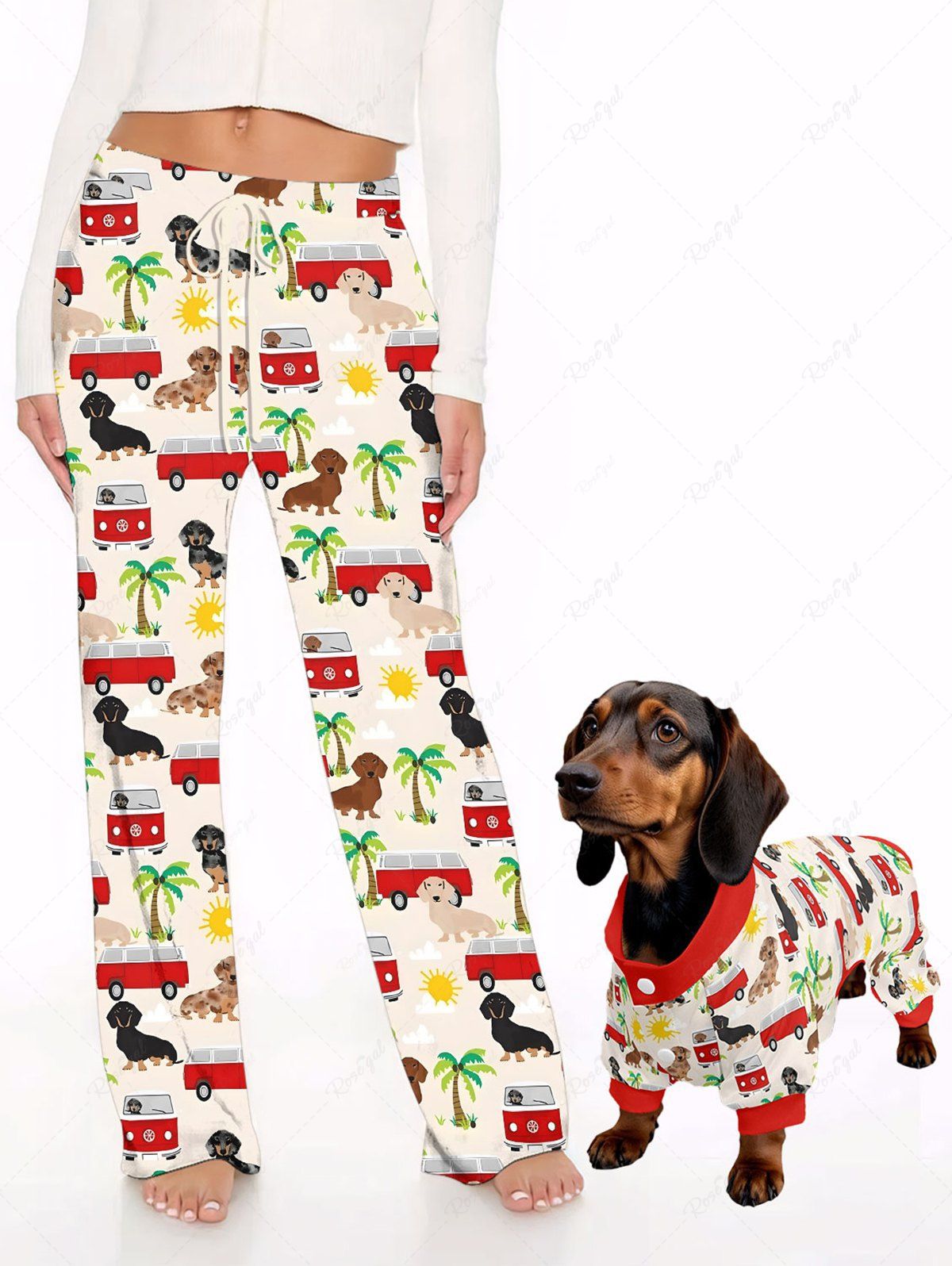 Hawaii Coconut Tree Sun Bus Print Pants Pajama Dog And Owner Matching Outfits