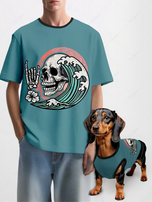 Skull Skeleton Floral Sea Wave Print Hawaii Vest and T-shirt For Men Dog and Owner Matching Outfits