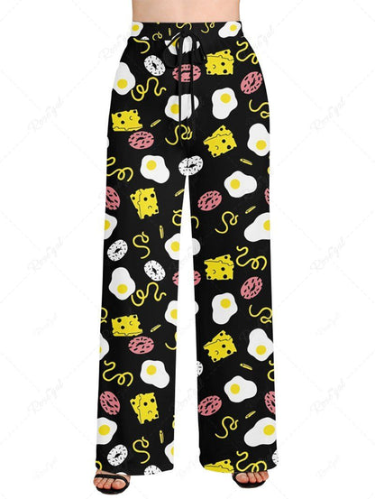Plus Size Sandwiches Donuts Eggs Print Drawstring Wide Leg Pants