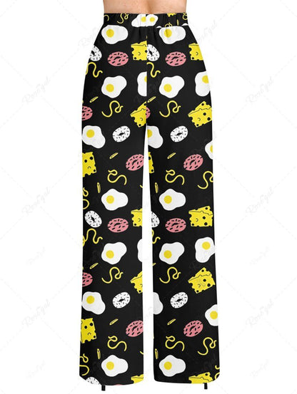 Plus Size Sandwiches Donuts Eggs Print Drawstring Wide Leg Pants