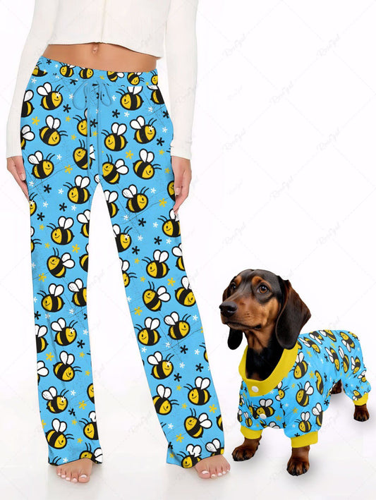 Cute Bee Floral Printed Pajama Pants Dog And Owner Matching Outfits