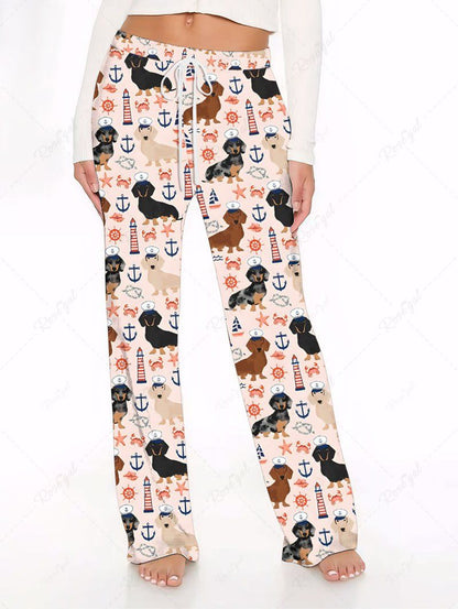 Plus Size Dog Sun Crab Anchor Printed Drawstring Cruise Wide Leg Pants