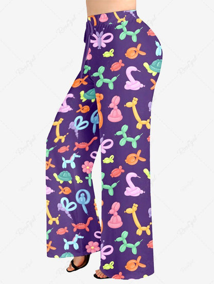 Plus Size Colorful Balloon Horse Butterfly Turtle Monkey Flower Printed Drawstring Wide Leg Pants