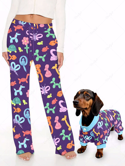 Colorful Balloon Horse Butterfly Turtle Monkey Flower Print Pants Pajama Dog And Owner Matching Outfits