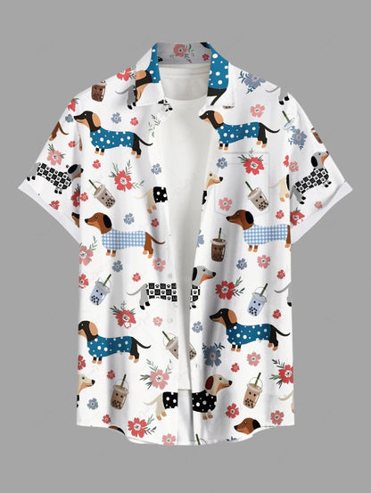 Plus Size Plaid Spotted Dog Juice Floral Printed Button Pocket Women Shirt