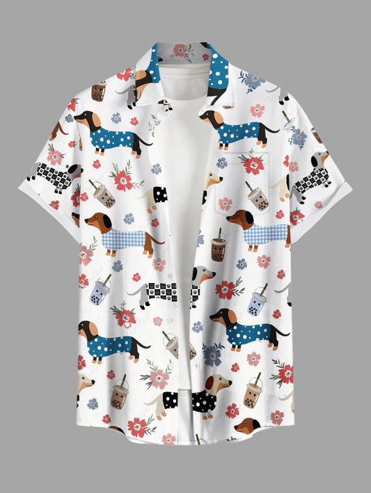 Plus Size Plaid Spotted Dog Juice Floral Printed Button Pocket Women Shirt