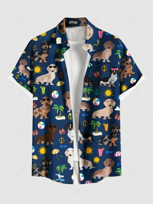 Plus Size Coconut Tree Sun Juice Colorful Dog Printed Hawaii Button Pocket Women Shirt