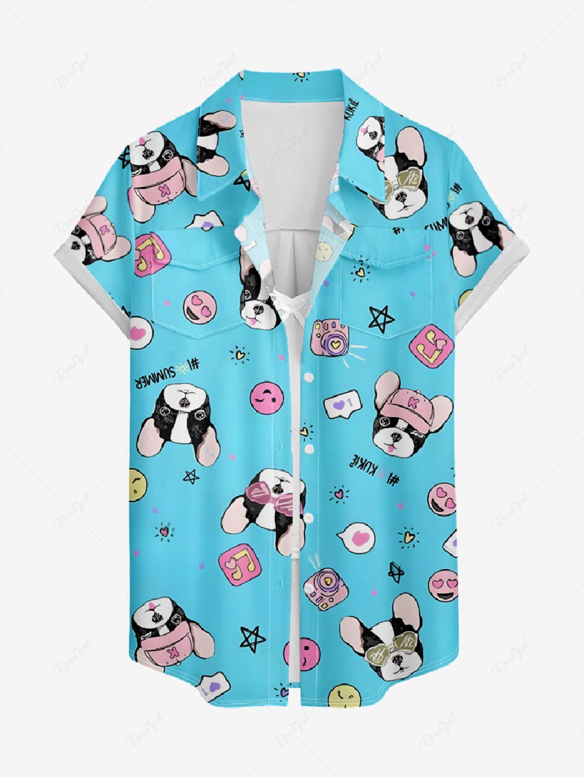 Smiley Face Cute Dog Star Music Symbol Printed Button Pocket Women Shirt