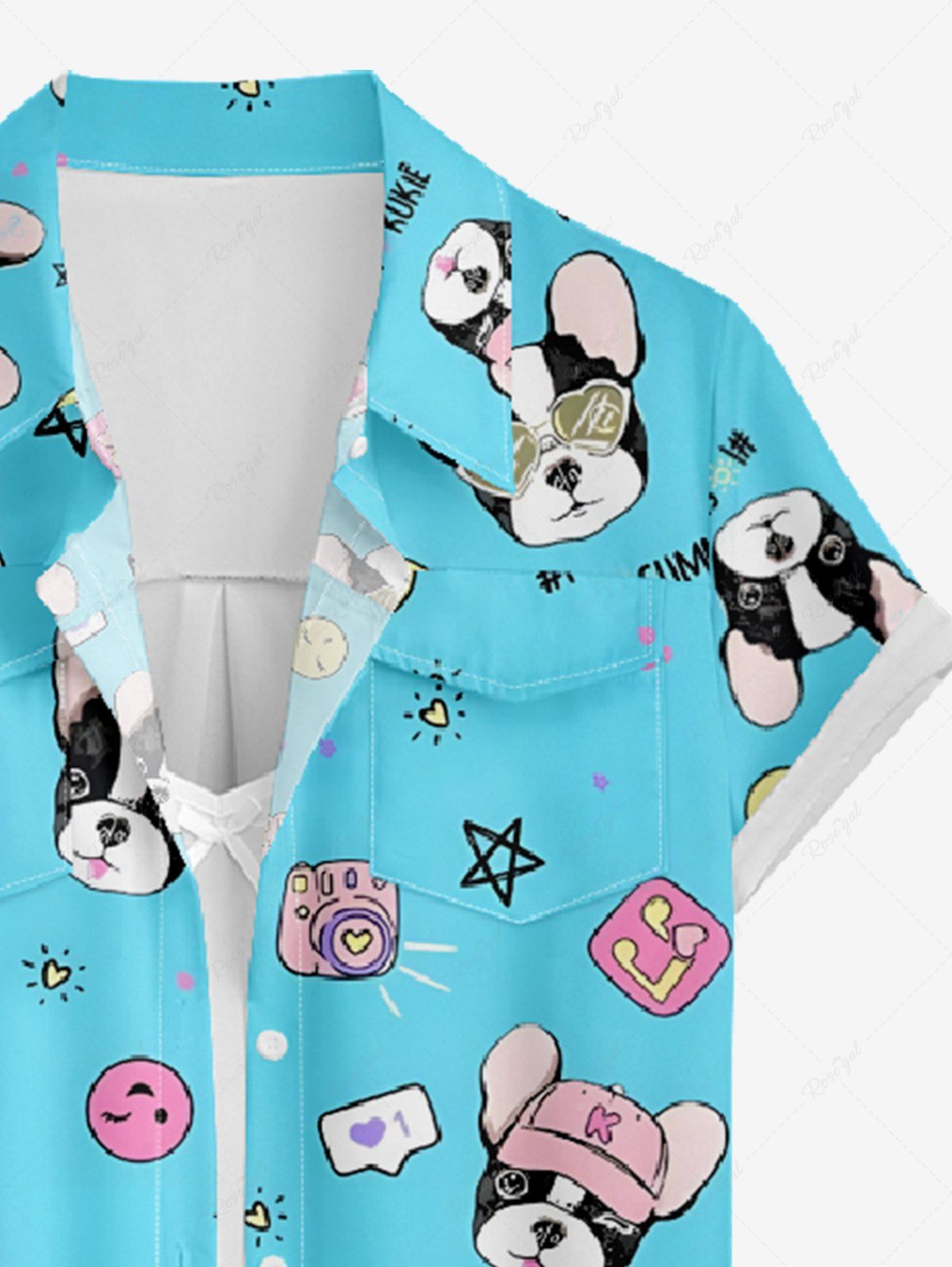 Smiley Face Cute Dog Star Music Symbol Printed Button Pocket Women Shirt