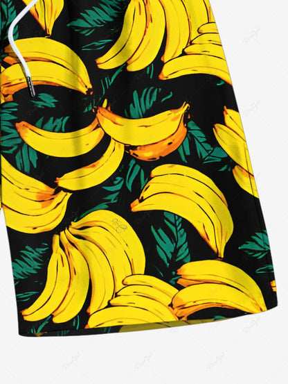 Plus Size Banana Tropical Leaves Printed Hawaii Drawstring Beach Shorts For Men