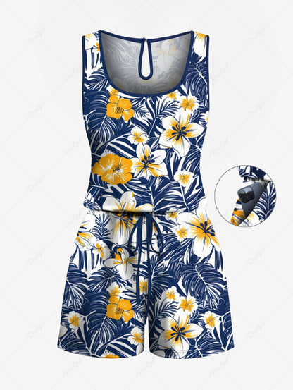 Plus Size Tropical Leaves Floral Printed Hawaii Drawstring Pocket Romper