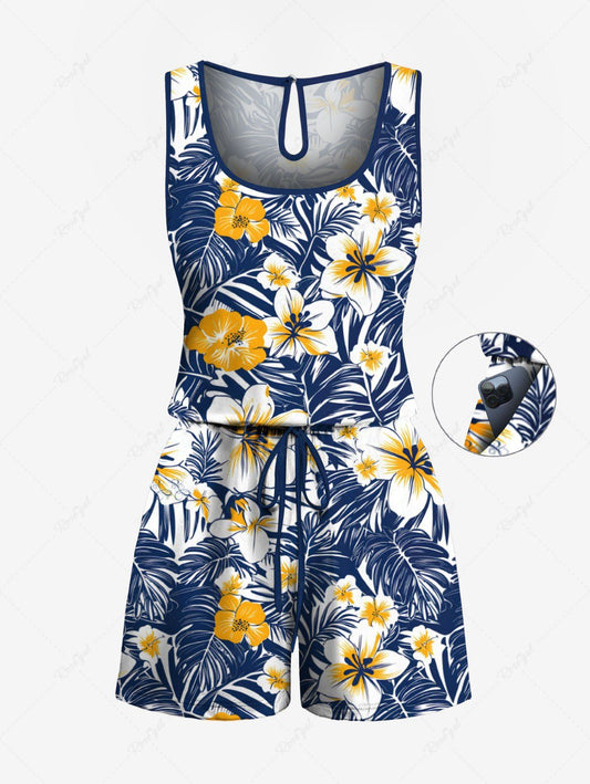 Plus Size Tropical Leaves Floral Printed Hawaii Drawstring Pocket Romper