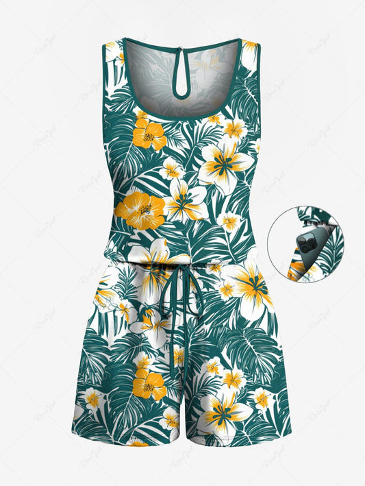 Plus Size Tropical Leaves Floral Print Hawaii Drawstring Pocket Romper
