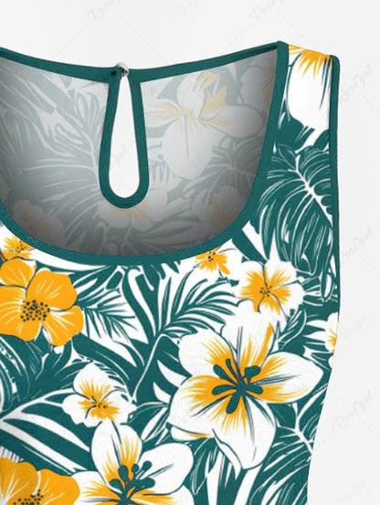 Plus Size Tropical Leaves Floral Print Hawaii Drawstring Pocket Romper