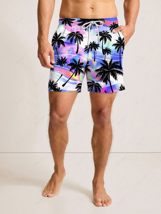 Plus Size Coconut Tree Ombre Light Wave Curve Printed Hawaii Drawstring Beach Shorts For Men