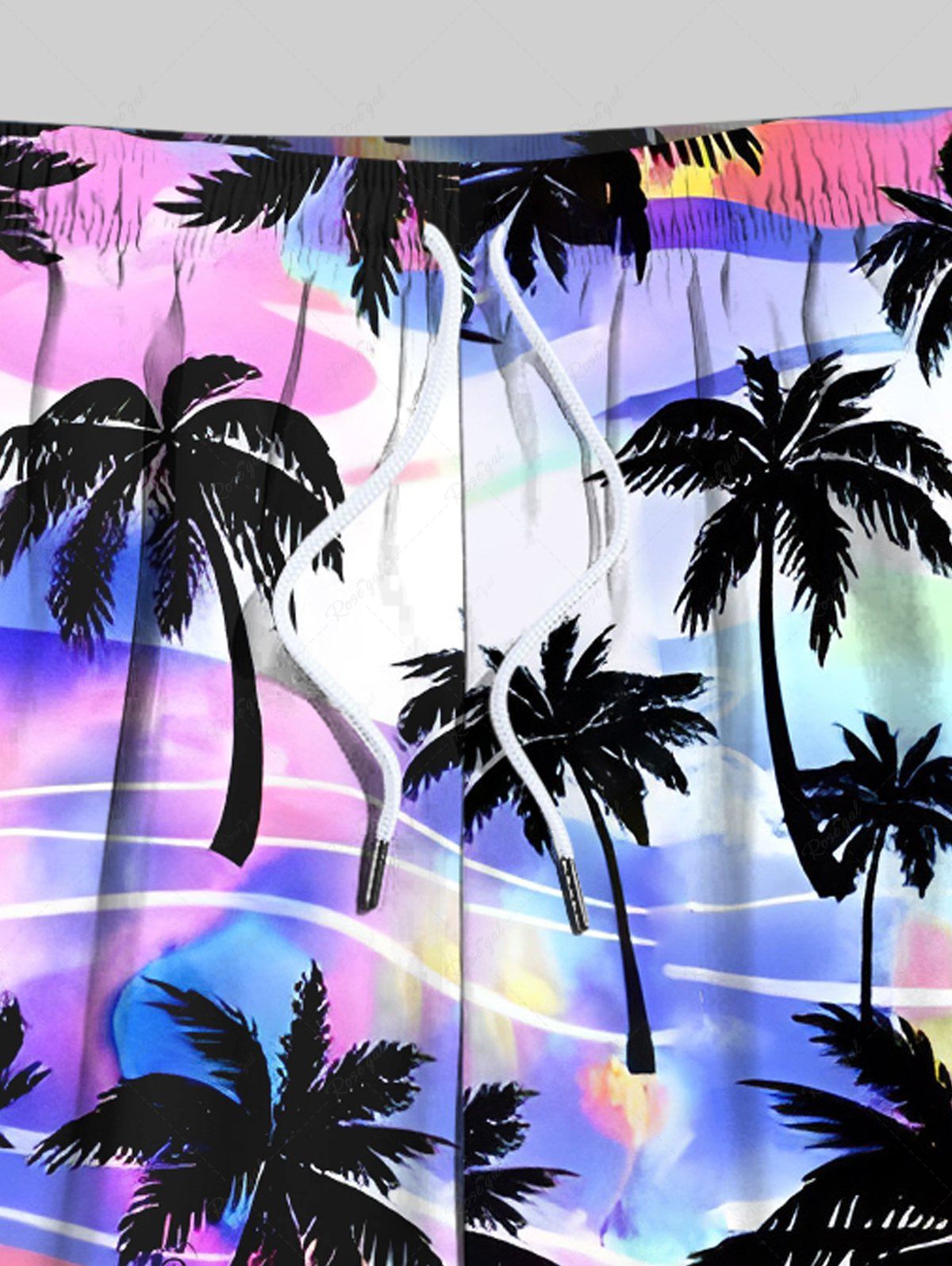 Plus Size Coconut Tree Ombre Light Wave Curve Printed Hawaii Drawstring Beach Shorts For Men