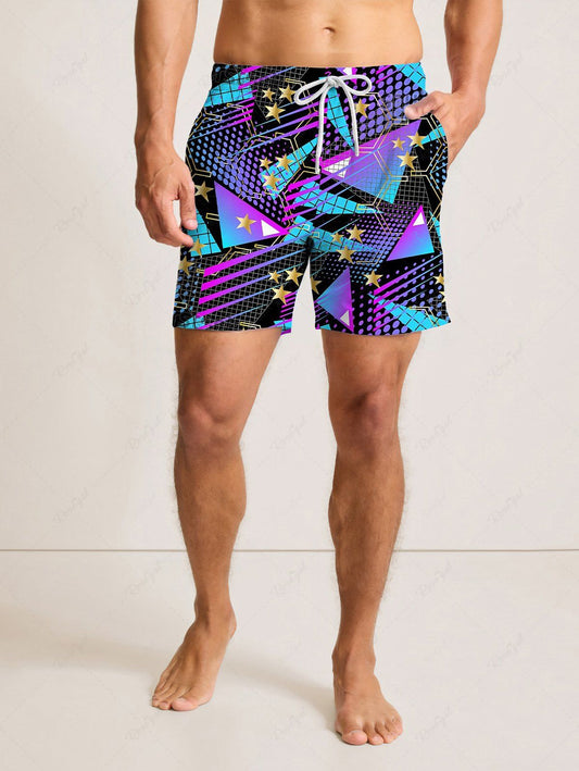 Plus Size Stars Ombre Geometric Graphic Spotted Printed Hawaii Drawstring Beach Shorts For Men