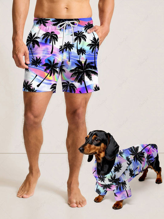 Coconut Tree Ombre Light Wave Curve Printed Hawaii Shorts Shirt Dog And Owner Matching Outfits