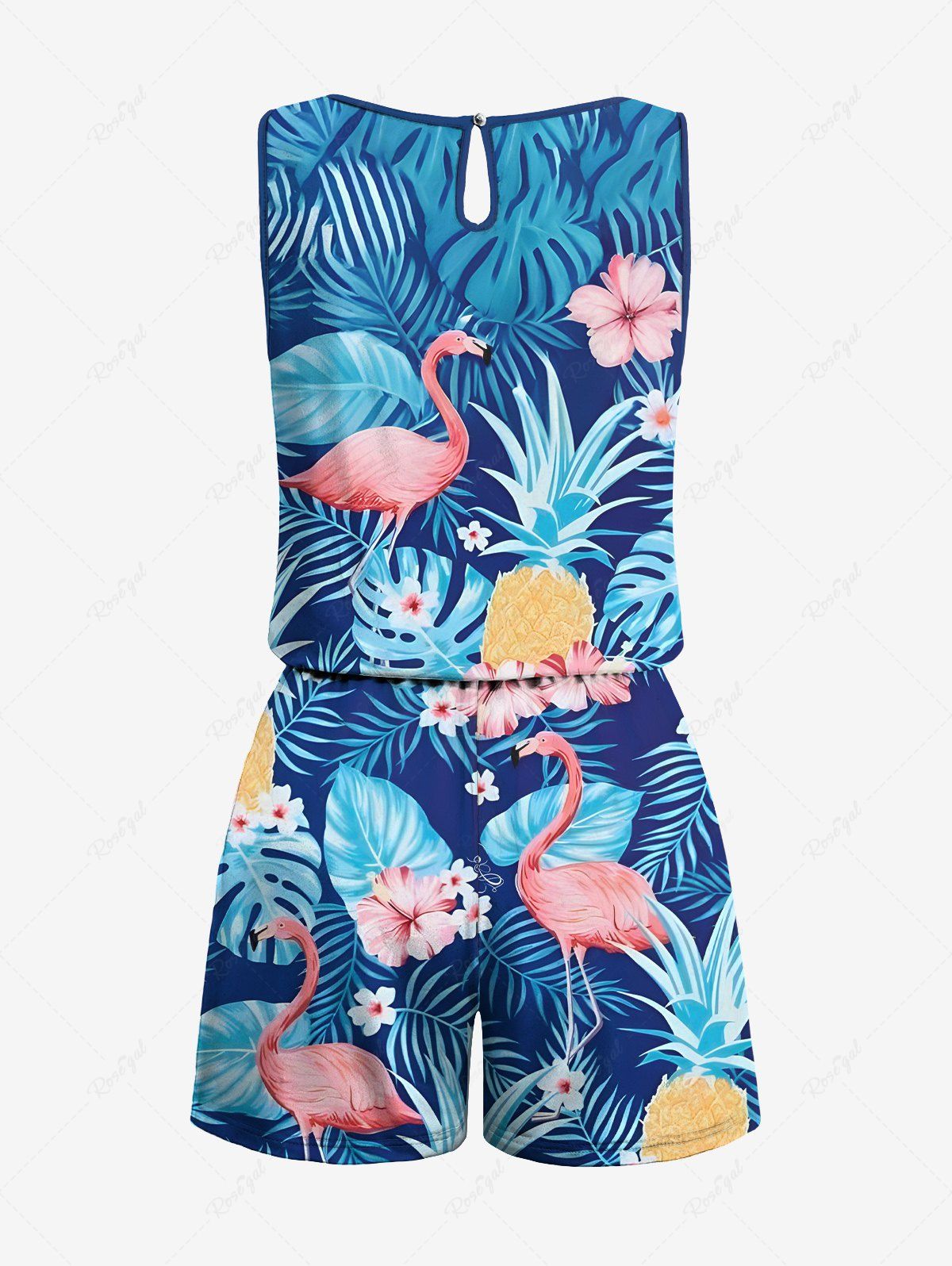 Plus Size Flamingo Tropical Leaf Hbiscus Flower Printed Cinched Hawaii Romper