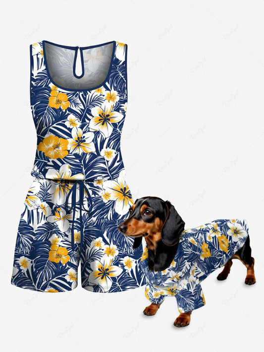 Tropical Leaves Floral Printed Hawaii Romper Shirt Dog And Owner Matching Outfits