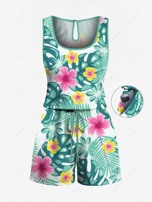 Plus Size Tropical Leaf Hibiscus Flower Printed Cinched Hawaii Romper