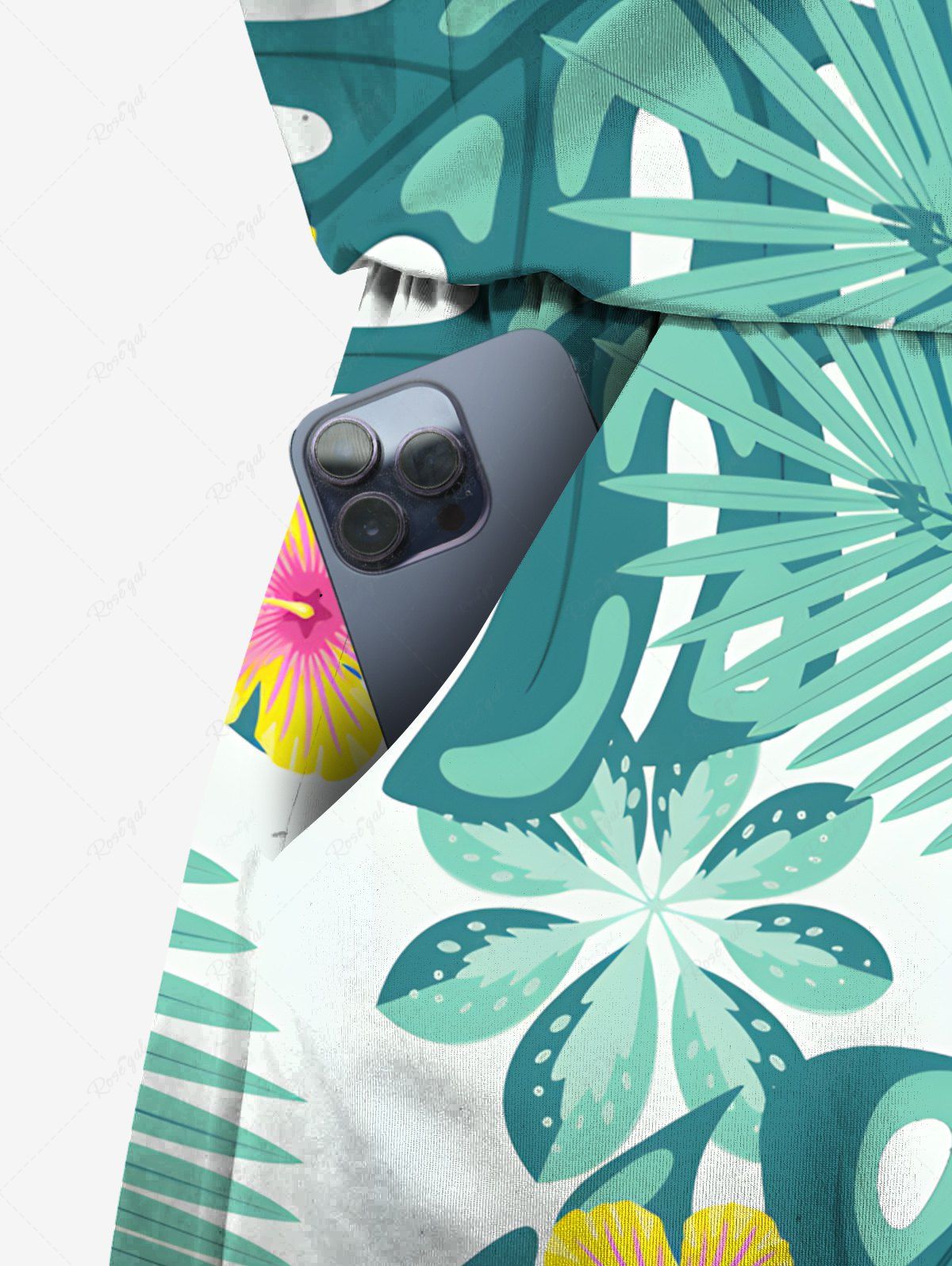 Plus Size Tropical Leaf Hibiscus Flower Printed Cinched Hawaii Romper