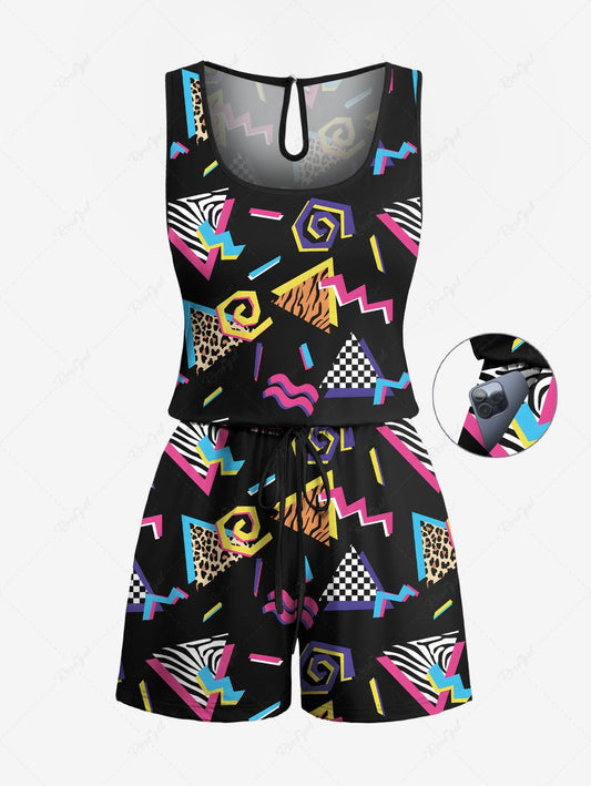 Plus Size Triangle Leopard Plaid 80s Retro Printed Romper