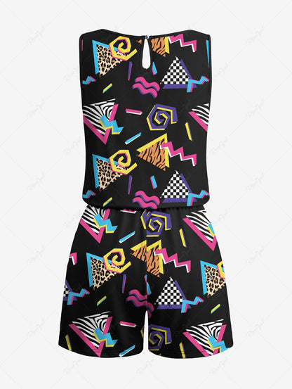 Plus Size Triangle Leopard Plaid 80s Retro Printed Romper