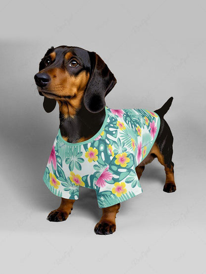 Pet's Tropical Leaf Hibiscus Flower Printed Cinched Hawaii T-shirt