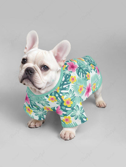 Pet's Tropical Leaf Hibiscus Flower Printed Cinched Hawaii T-shirt