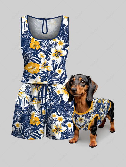 Tropical Leaves Floral Printed Tank Top Romper Hawaii Dog And Owner Matching Outfits