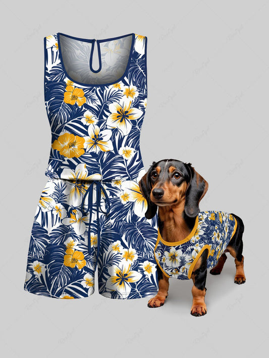 Tropical Leaves Floral Printed Tank Top Romper Hawaii Dog And Owner Matching Outfits